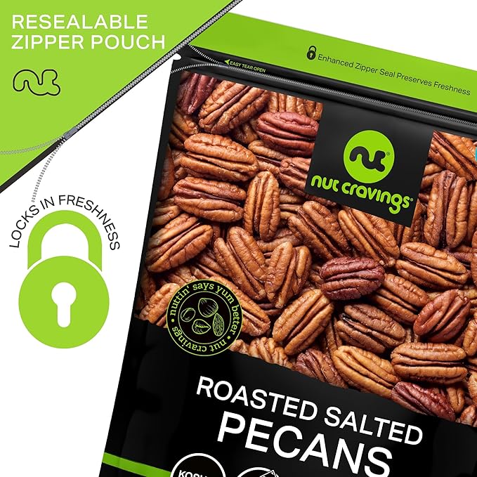 NUT CRAVINGS - Pecans Halves Roasted &amp Salted No Shell (32oz - 2 LB) Bulk Nuts Packed Fresh in Resealable Bag - Healthy Protein Food Snack Food Assortments