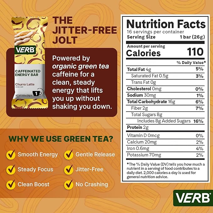 Verb Caffeinated Energy Bars Churro Latte (26g Pack of 16) 110-Calorie Delicious Low Sugar Energy Bar - Vegan Gluten Free On-the Go Snack with 80mg Green Tea Caffeine Only Real-Food Ingredients