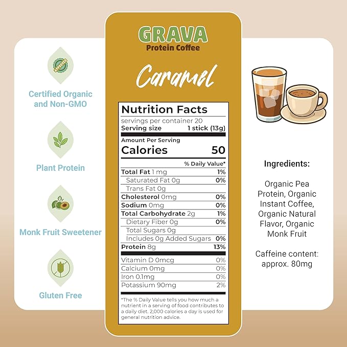 Grava Organic Plant Protein Coffee Sticks Caramel - 8g Plant Protein 80mg Caffeine - Monk Fruit Sweetener - USDA Organic Non-GMO &amp Fair Trade - Gluten Free &amp Vegan - Single Serve Packet 20