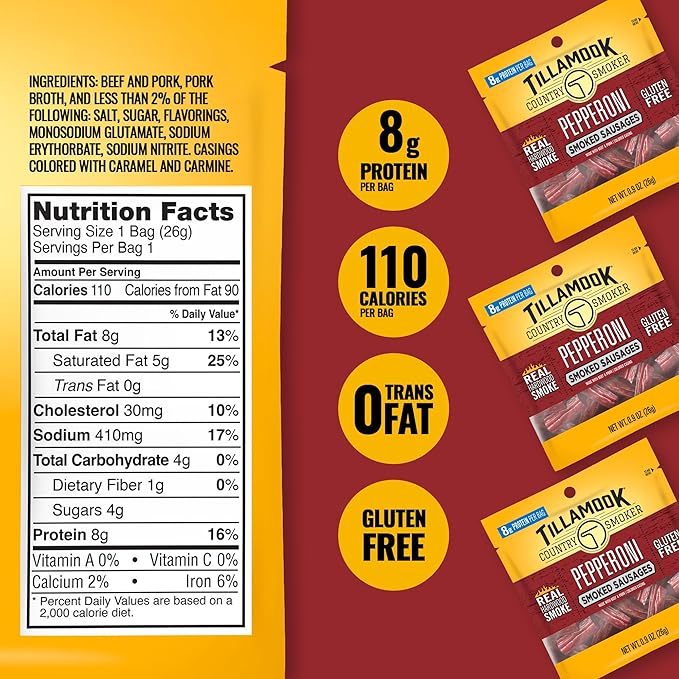 Tillamook Country Smoker Pepperoni Smoked Sausages 0.9 oz 24 Count Made with Beef &amp Pork Real Hardwood Smoked Protein-Packed Satisfying Taste On-the-Go Snacking