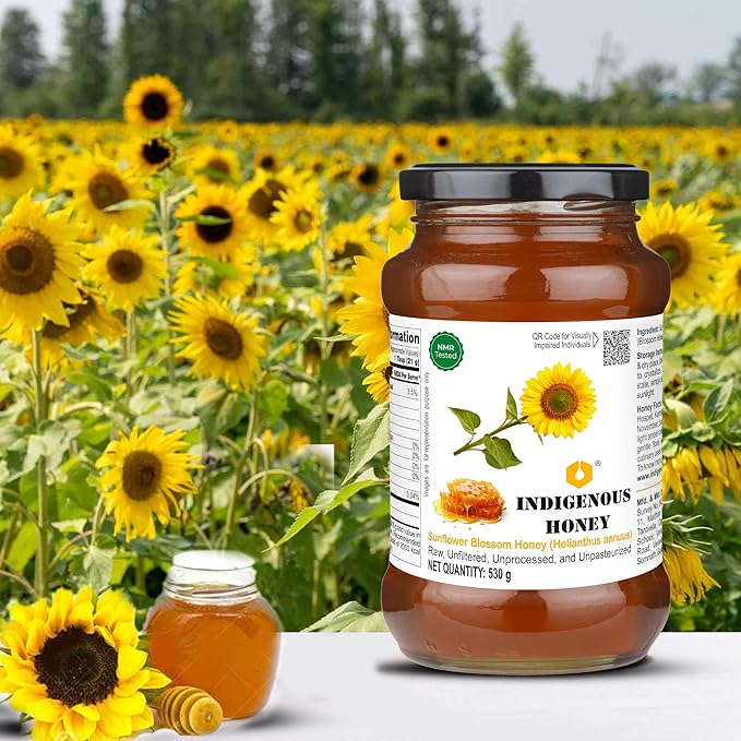 INDIGENOUS HONEY Sunflower Honey Raw Organic Natural Pure Unprocessed NMR Tested Unpasteurized Unheated 530g Glass Jar Pack of 1