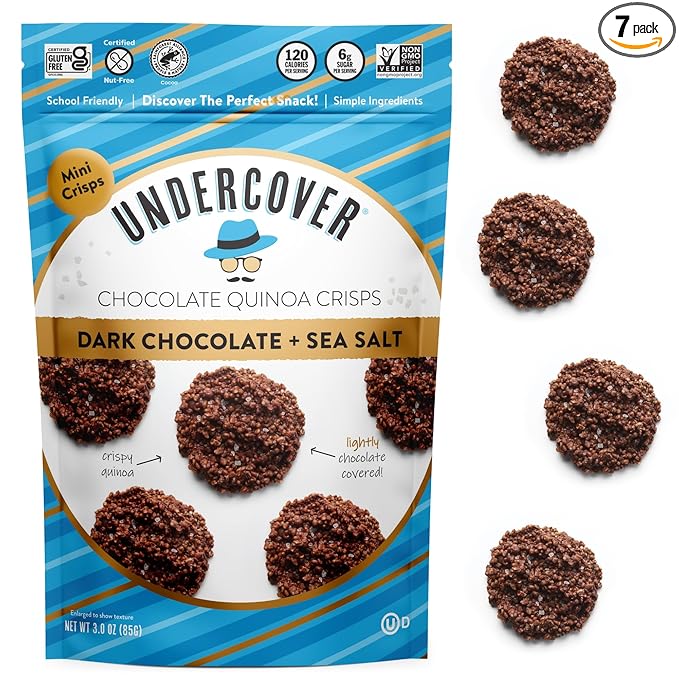 Undercover Snacks Chocolate Quinoa Crisps - Dark Chocolate + Sea Salt Quinoa Crisps | 7-Pack 3oz Bags of Mini Crisps | Gluten Free Nut-Free Allergen Friendly Kosher Plant-Based