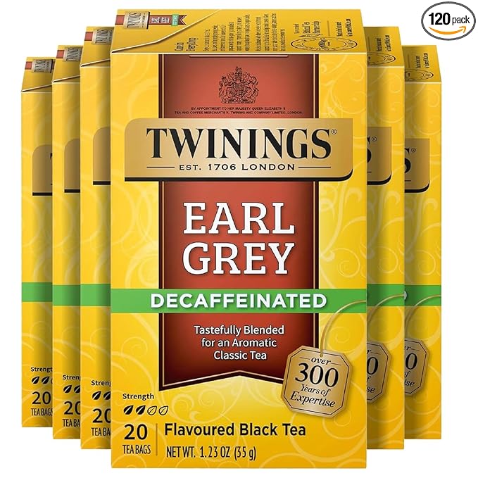 Twinings Decaffeinated Earl Grey Black Tea Individually Wrapped Bags 20 Count (Pack of 6) Flavoured with Citrus and Bergamot Enjoy Hot or Iced 120 Teabags