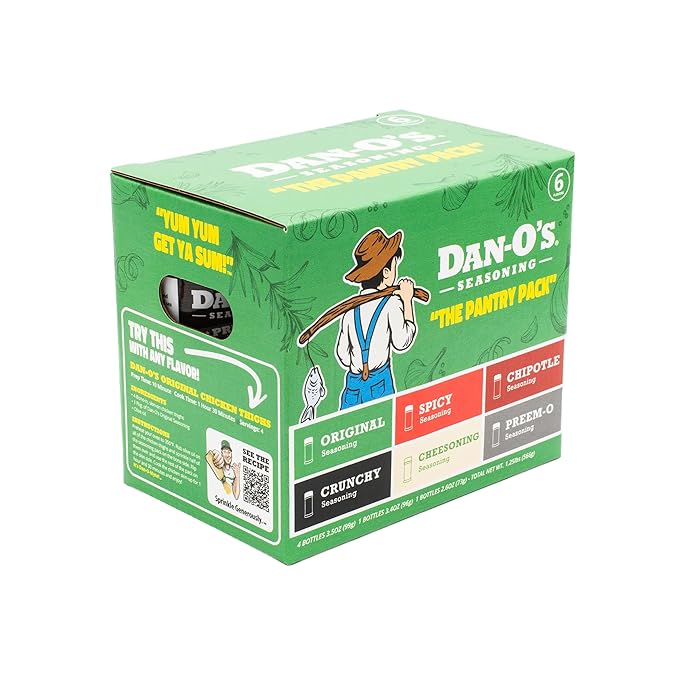 Dan-O's 6 Bottle Seasoning Set Small Bottles 6 Pack Includes Original Spicy Chipotle Crunchy Cheesoning and Preem-O Seasonings Sugar Free Zero Calorie All-Purpose Seasoning Kit