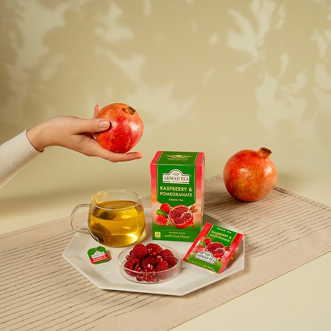 Ahmad Tea Foil-Enveloped Teabags Green Tea Raspberry &amp Pomegranate 20Count (Pack Of 6)