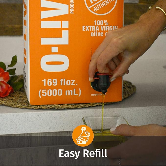 O-Live &amp Co. Extra Virgin Olive Oil - Bag-in-Box - 5L 169FlOz -Bulk - First Cold Pressed - Estate Grown and Bottled - Perfect for Salad Dressings Marinades Sauteing Stir Frying &amp Baking -