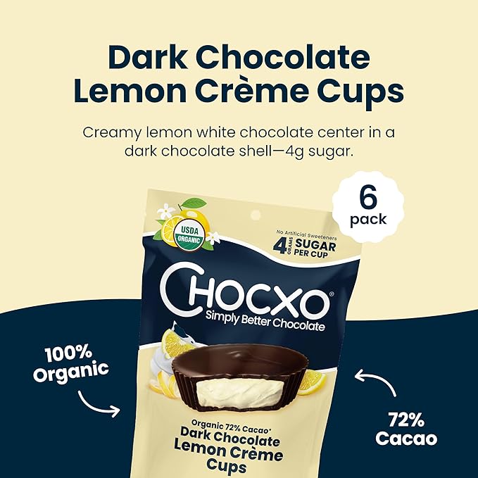 Chocxo Dark Chocolate Lemon Crème Cups - Lower Sugar Organic 72% Cacao NonGMO Keto Gluten Free Kosher No Artificial Sweeteners/Sugar Alcohols 3.45 oz (Pack of 6)