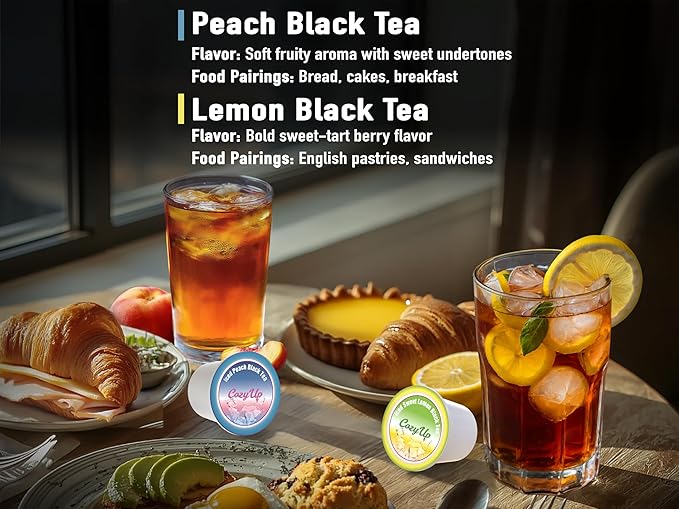 Cozy Up Iced Sweet Fruit Black Tea K-Cup Variety Pack 36 Count Guilt-Free Zero Calorie Sweetness - Compatible with Keurig - Lemon Tropical Berry Passion Fruit Apple &amp Peach - Single Serve Po
