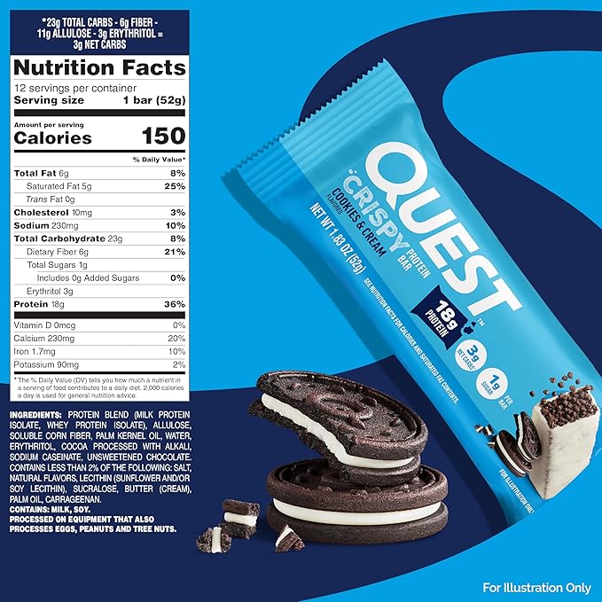 Quest Nutrition Crispy Cookies &amp Cream Hero Protein Bar 18g Protein 1g Sugar 3g Net Carb Gluten Free Protein Snack Keto Friendly 12 Count