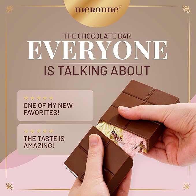 Meronne® Angel Hair Milk Chocolate Bar – 6 Pack (6.35 oz Each 180g) – 34% Milk Chocolate with Pistachio Cream &amp Angel Hair Cotton Candy – Handmade – No Artificial Colors or Preservatives