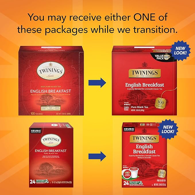 Twinings English Breakfast Tea K-Cup Pods 24 Count (Pack of 1) + English Breakfast Tea Bags 100 Count (Pack of 1)