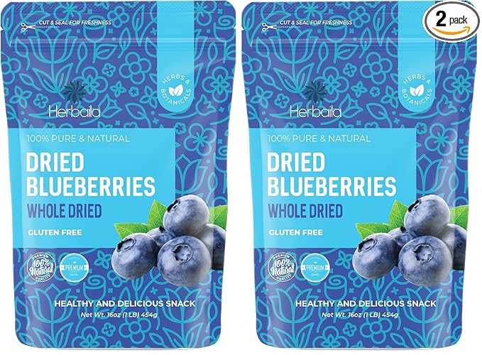 Herbaila Whole Dried Blueberries No Sugar Added Bulk Dehydrated Dried Unsweetened Blueberries All Natural Non-GMO 1 Pound. - 16 oz. (Pack of 2)