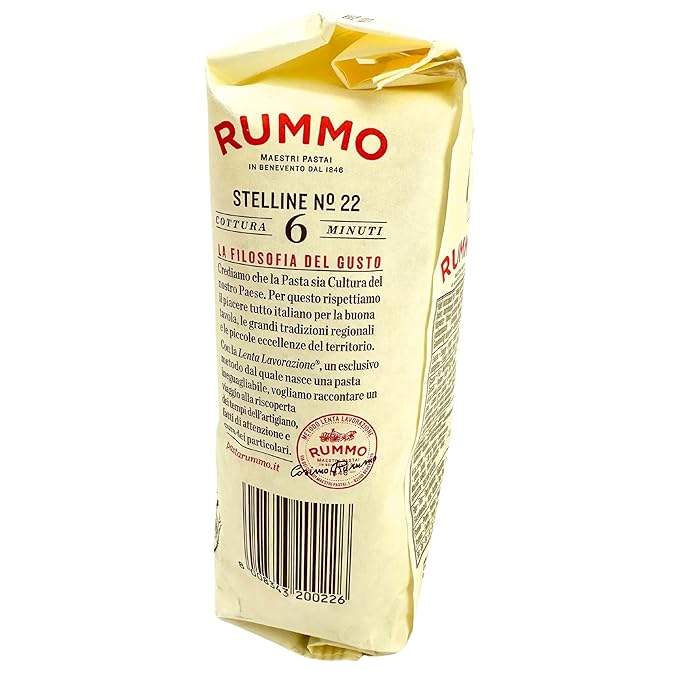 Rummo Stelline Pasta Stars from Italy 1.1 lb. (500g)(Pack of 2) Pastina Pasta Stars - Stellini - Similar to Ditalini Anellini Anelletti - Tubetti Rings - Soup - Tiny Star - Bronze Cut - Slow Dried