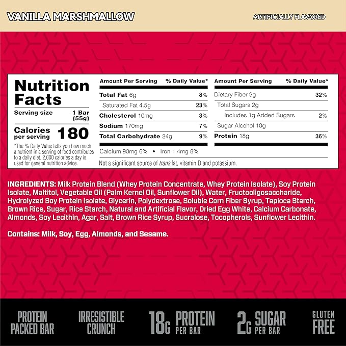 BSN Protein Crisp Bar Vanilla Marshmallow 18 Gram Protein Snack Bars with Whey and Fiber Gluten-Free Crunchy Energy Bars for Workout Fitness On-the-Go 12 Count