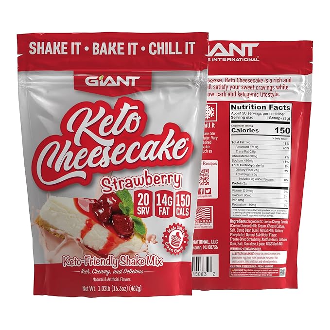 Giant Sports Keto Cheesecake Shake Mix - Delicious Low Carb Ketogenic Diet Gluten Free Powder Mix - Works Great with Almond Milk - Strawberry (20 Serving Bag)