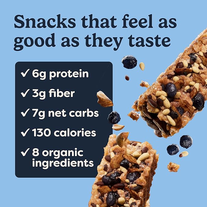 Tosi Nut Bars Almond Blueberry Healthy Snacks for Adults &amp Kids Plant Based Crunchy Bars (6G Protein) Organic Keto Snacks Vegan Gluten &amp Soy Free Low Sugar Omega 3s 1oz 12-Pack