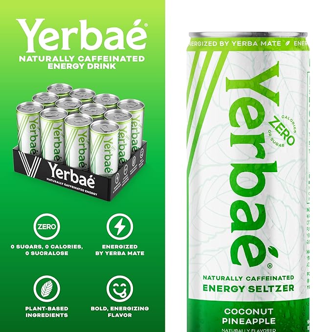 Yerbae Energy Seltzer - Pineapple Coconut 0 Sugar 0 Calories 0 Carbs Energized by Yerba Mate &amp Plant-Based Healthy Alternative to Coffee and Sugary Sodas 12oz cans (12 Pack)