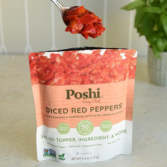 POSHI Diced Red Peppers - Flame-Roasted and Marinated with Extra Virgin Olive Oil - Liquid-Free Ready-to-Use Ingredient No Artificial Preservatives - Gluten-Free Keto Vegan Non-GMO 6 pack 4.4oz