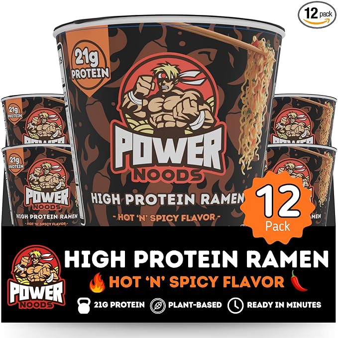Power Noods High Protein Ramen Noodles - 12 or 6 Pack | Protein Ramen Cups for Lunch or Dinner | Better for You Plant-Based Instant Meal | Hot 'N' Spicy