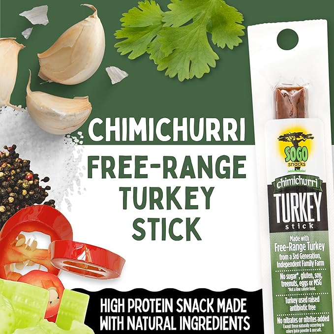 Chimichurri Turkey Sogo Snacks No Sugar Low Carb Free-Range from a 3rd Generation Independent Family Farm. Gluten Free Hiking Snacks. Keto Whole Paleo Friendly (Chimichurri Turkey 144 Count)