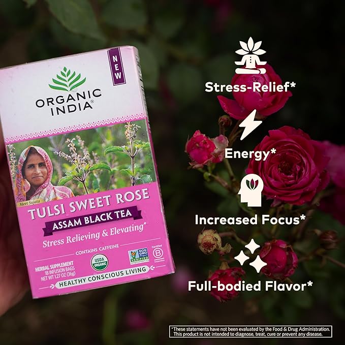 Organic India Tulsi Sweet Rose Assam Black Tea - Stress Relieving &amp Elevating 17mg of Caffeine Per Cup With Ayurvedic Herbs Vegan USDA Organic Non-GMO - 18 Rose Tea Bags (Pack of 3)