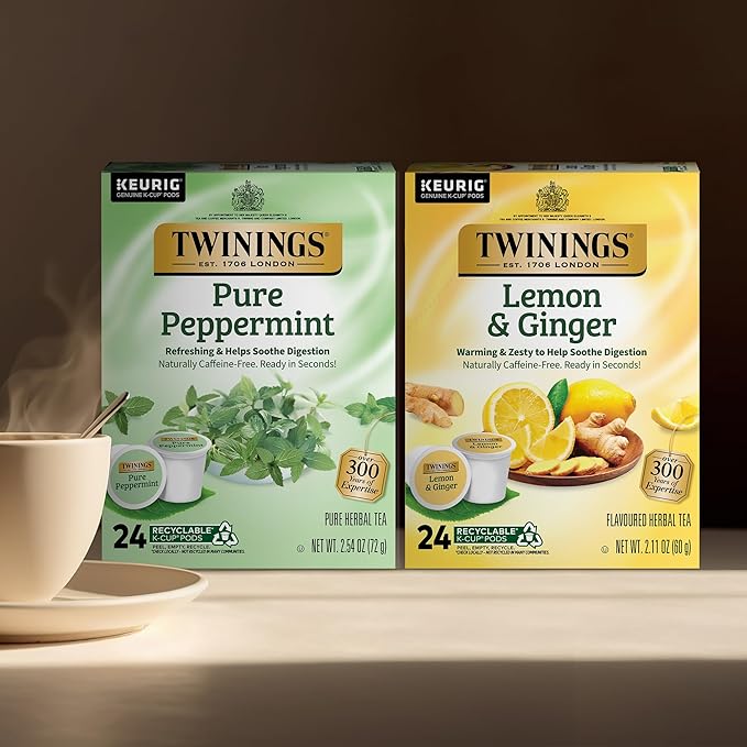 Twinings Pure Peppermint Herbal Tea K-Cups for Keurig 24 Count (Pack of 1) + Lemon &amp Ginger Herbal Tea K-Cups for Keurig 24 Count (Pack of 1)