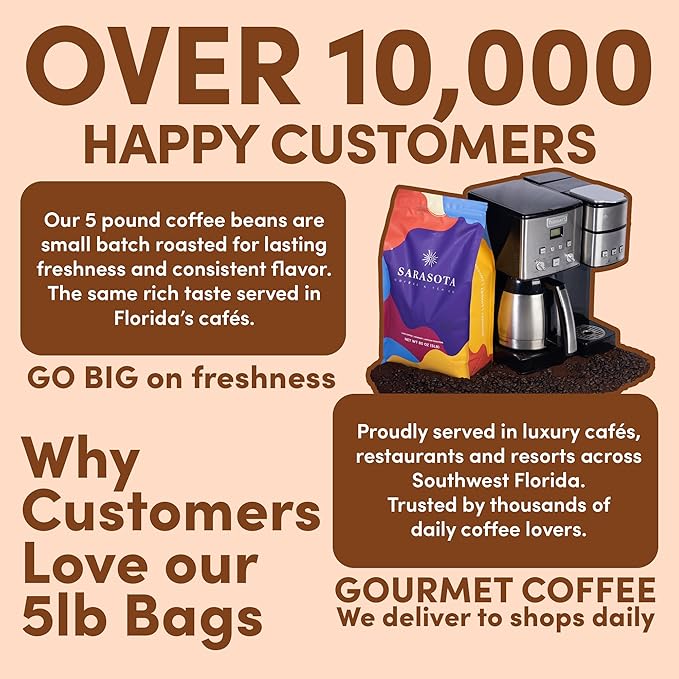 Sarasota Coffee Whole Bean Salted Caramel | Medium Roast Gourmet Flavored Coffee Beans | Low Acid Mold Free Specialty Grade Bulk Beans | 5lb (80 oz)