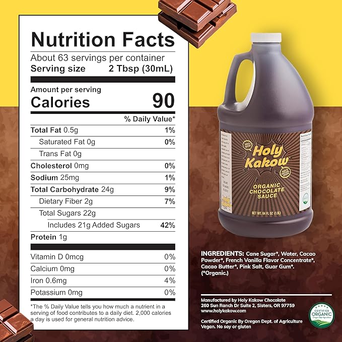 Holy Kakow Organic Chocolate Syrup - Organic Chocolate Sauce Organic Add to Mochas Waffles &amp Ice Cream Made with Colombian Sugar Real Food Ingredients Specific Flavor - 64oz