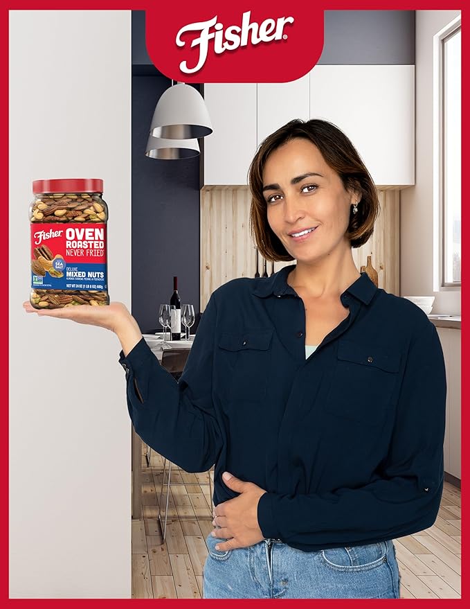 Fisher Oven Roasted Never Fried Deluxe Mixed Nuts 24 Ounces (Pack of 1) Almonds Cashews Pecans Pistachios Healthy Snacks for Adults Made With Sea Salt No Added Oil Trail Mix Gluten Free