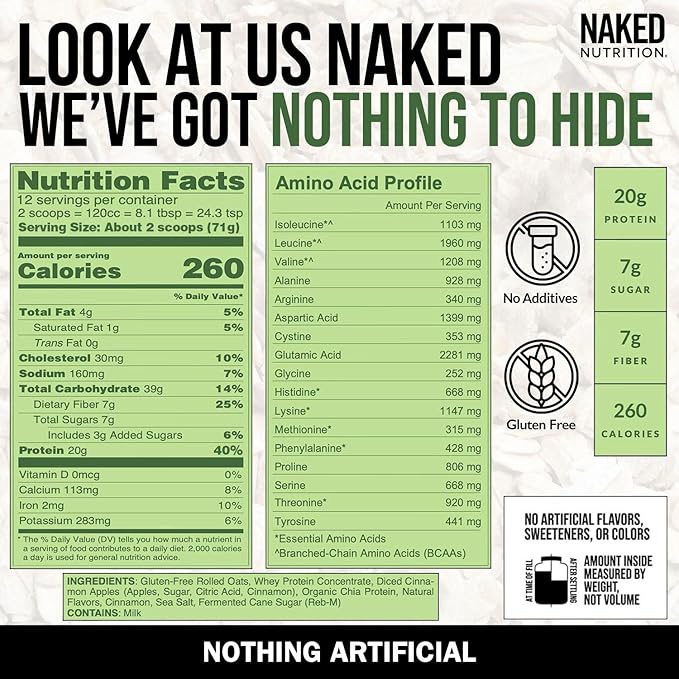 Naked Oats - Apple Cinnamon Overnight Oats 20g Whey Protein Gluten-Free Oatmeal Instant Breakfast or Shake High Protein Oatmeal High Fiber Breakfast Shake Non GMO No Soy - 12 Servings