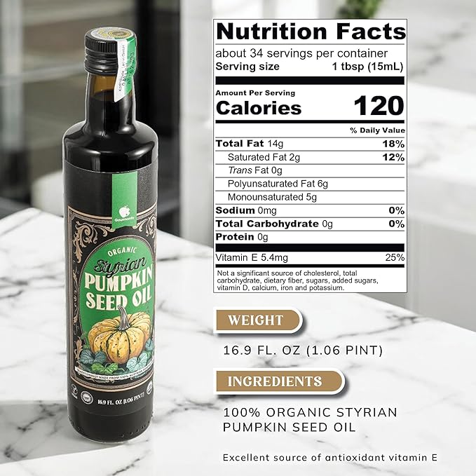Gourmanity Organic Cold Pressed Styrian Pumpkin Seed Oil Traditionally Made in Austria 100% Pure Healthy and Delicious Oil Non-GMO Vegan and Keto Friendly Perfect Drizzled Over Salads 16.9 oz