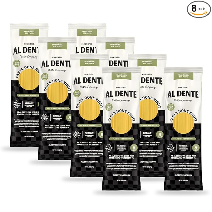 Al Dente Golden Egg Spaghetti – All-Natural Hand-Crafted Egg Pasta. Traditional Pasta Noodles Made with Cage-Free Eggs and Semolina. Great for Pastas Soups Stews. 12oz Boxes (Pack of 8)