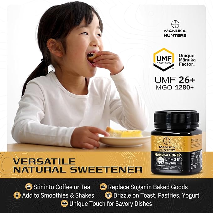 Manuka Hunters UMF 26+/MGO 1280+ Certified New Zealand Manuka Honey - 100% Pure Natural Sweetener - Gluten Dairy Free - Ideal for Tea Coffee Smoothies and Baking - Sustainable - 8.8oz/250g Jar