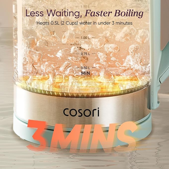 Cosori Electric Kettle No Plastic Contact With Water Wide Mouth For Easy Cleaning Auto Shut Off 1.7L Tea Kettle &amp Hot Water Boiler Water Heater &amp Teapot Borosilicate Glass Green 1500W