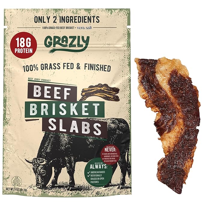 Grazly Beef Brisket Slab – Grass-Fed &amp Finished | Only Meat &amp Salt Soft &amp Buttery Texture | High-Protein Carnivore Snack | Made from 1lb Raw Brisket | 5oz On-the-Go Snack Pack