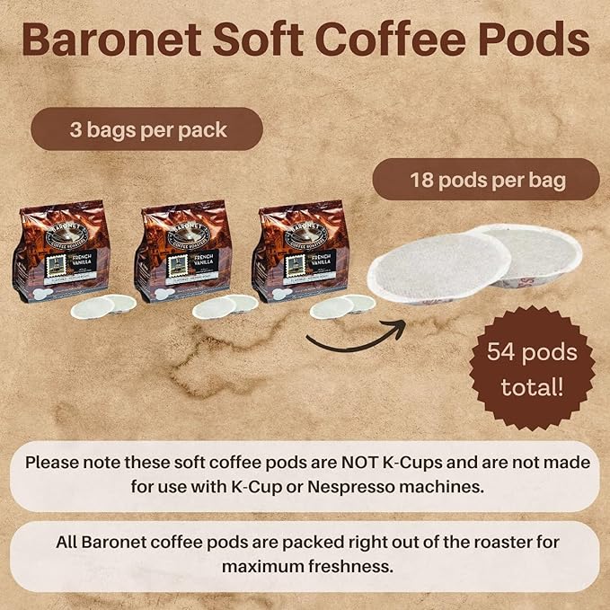 Baronet Coffee Pods [French Vanilla Flavored-54 Pods] Single Cup Use for Senseo Machine - 3 Bags of 18 Single Serve 8 Gram Regular Strength Medium Roast [French Vanilla]