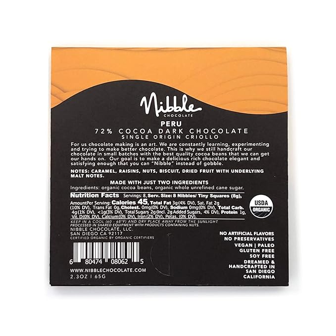 Nibble Chocolate Peru 72% | 3 Pack | Certified Organic | Vegan | 2 Ingredients | Gluten &amp Soy Free |