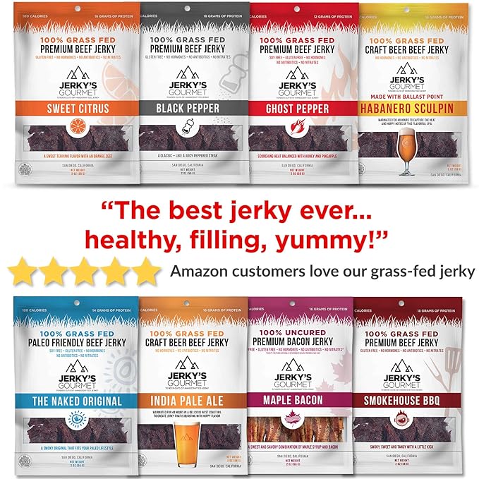 Naked Grass Fed Beef Jerky - 120 Calorie Snacks Gourmet Healthy Low Carb High Protein - Keto Friendly Paleo Friendly Soy Free &amp Gluten Free (3 Packs)