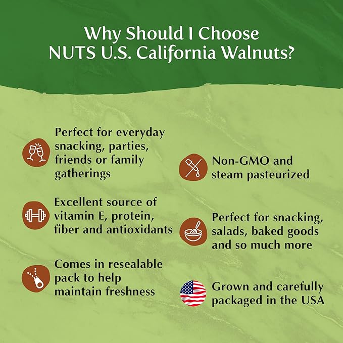 NUTS U.S. – California Raw Walnuts (No Shell) – Fresh Chandler Variety with a Mild Buttery Crunch – A Delicious Source of Protein Fiber &amp Omega-3 – Non-GMO Vegan &amp Gluten-Free – Resealable