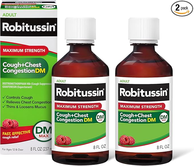 Robitussin Adult Maximum Strength Cough Plus Chest Congestion DM Max Cough Suppressant and Expectorant Raspberry Flavor 8 Fl Oz x 2