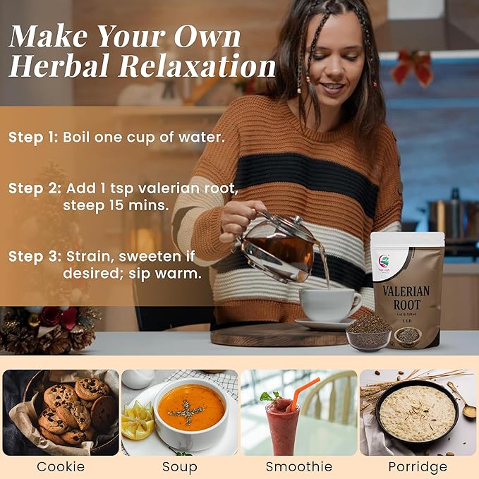 Valerian Root 1 LB Cut &amp Sifted 100% Natural &amp Pure for Tea &amp Herbal Blends Naturally Strong Aroma Resealable Bag for Freshness - By Yogi’s Gift®