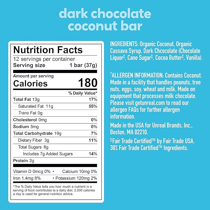 Unreal Dark Chocolate Coconut Bars | Certified Vegan Gluten Free Fair Trade Non-GMO | No Sugar Alcohols or Soy 1.3 Oz (Pack of 12)