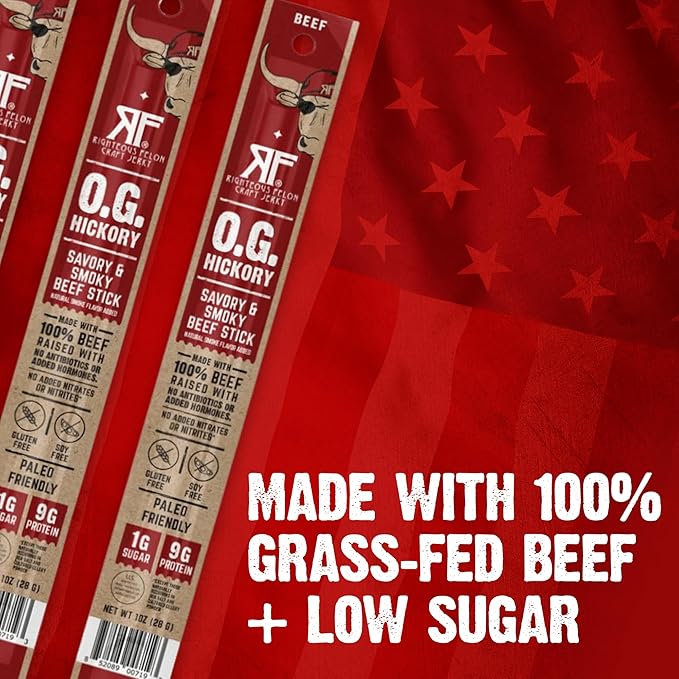 Righteous Felon Meat Sticks | 100% Grass Fed Beef | 9g Protein per Stick | Keto Gluten-Free Low Sugar High Protein Snack Sticks | Individually Wrapped | OG Hickory Beef Sticks 24 Count