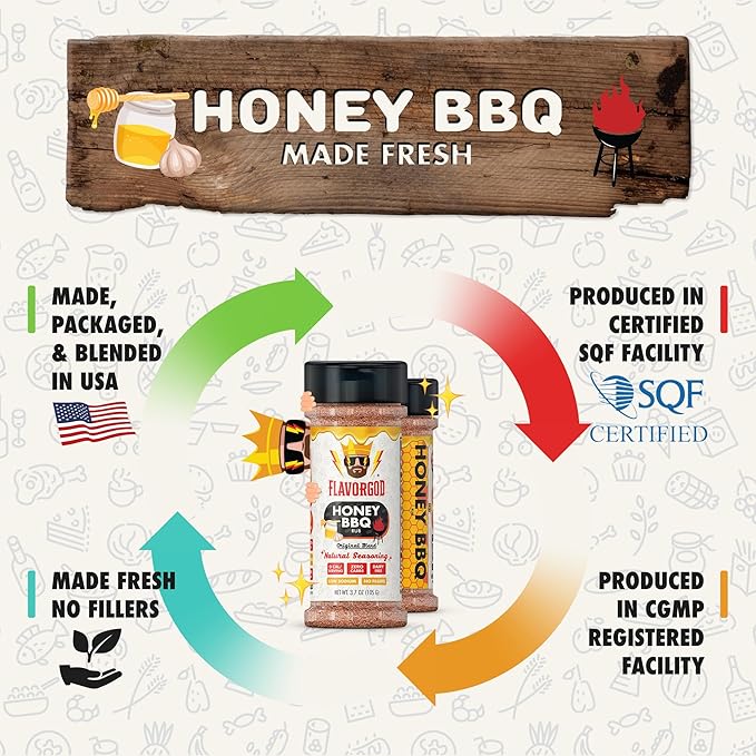 Honey BBQ Rub Mix 2 Bottles by Flavor God - Premium All Natural &amp Healthy Spice Blend for Grilling Chicken Beef Chili Seafood Vegetables &amp Salad - Kosher Gluten-Free Dairy-Free Steak R