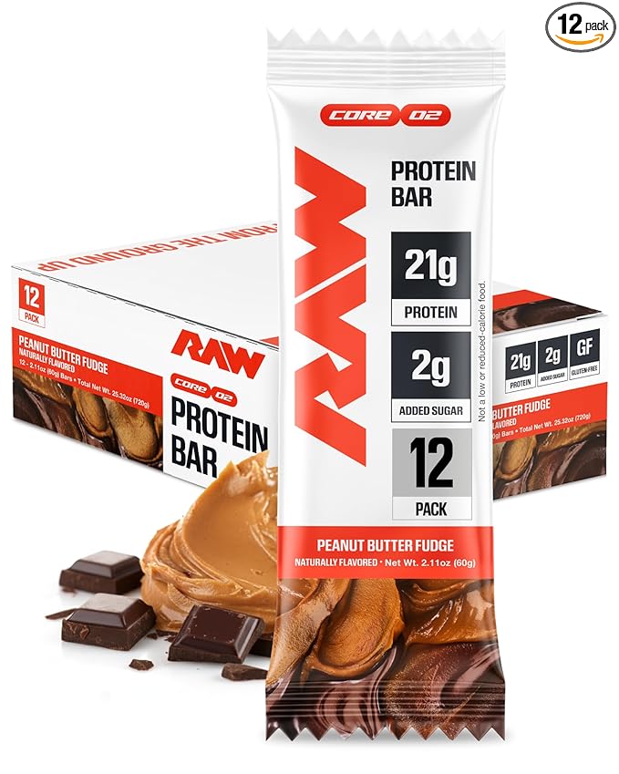 RAW Nutrition Protein Bars Peanut Butter Fudge 21g Whey Protein Low Sugar Better-for-You Candy Bars Gluten Free Chocolate Protein Snack for Muscle Recovery &amp Gym Fuel 12 Count