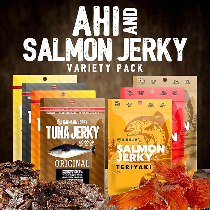 Kaimana Jerky Ahi Tuna &amp Salmon Sampler Pack - All Natural &amp Wild Caught Fish Jerky. Made in USA. 23g Protein Omega-3's and Low Sugar