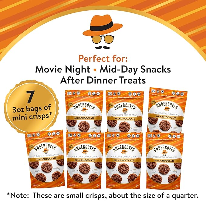 Undercover Snacks Chocolate Quinoa Crisps - Milk Chocolate | 7-Pack 3oz Bags of Mini Crisps | Gluten Free Nut-Free Allergen Friendly Kosher