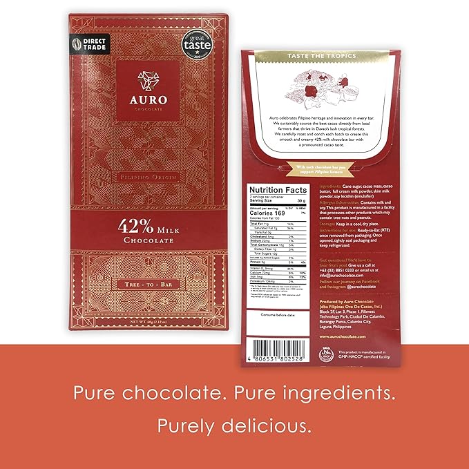 Auro 42% Milk Chocolate 3 Pack - Filipino Chocolate - Premium Made At Origin Direct Trade Bean-to-Bar Woman Owned BIPOC Owned - Gluten-Free Halal - Bundle