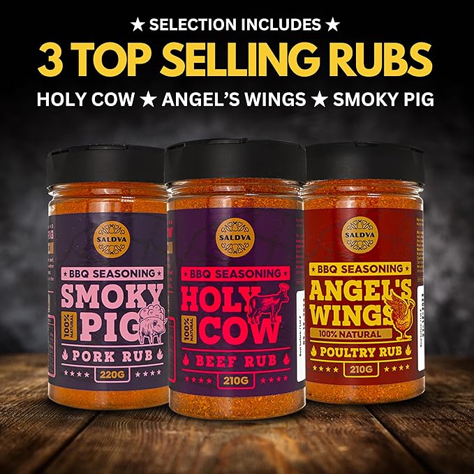 Gourmet Selection of Premium BBQ Seasonings - Holy Cow Angel’s Wings Smoky Pig Tandoori Rajah Burger's Heart &amp Blonde Mermaid BBQ Rubs | Pack of 6 | 100% Natural | Great Spices Gift For Foodie