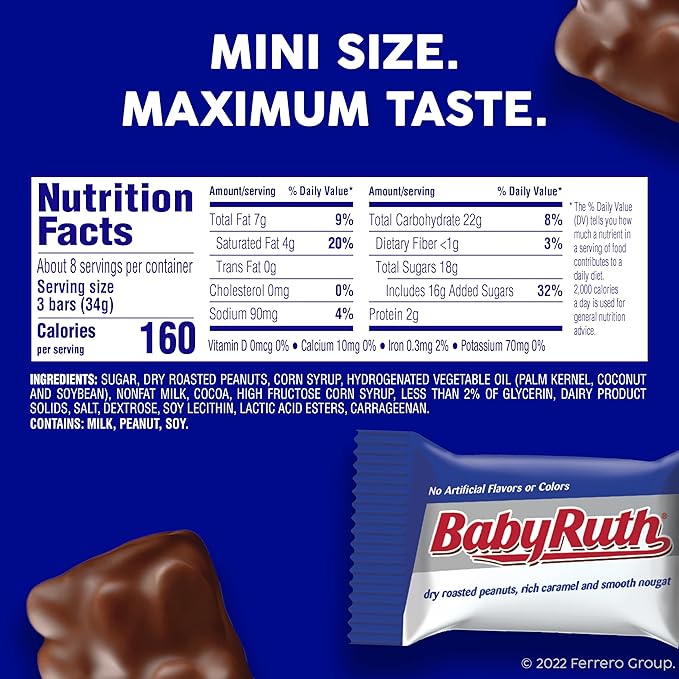 Baby Ruth Chocolatey Peanut Caramel Nougat Minis Individually Wrapped Candy Bars Resealable Share Size 9.6 oz 8 Pack